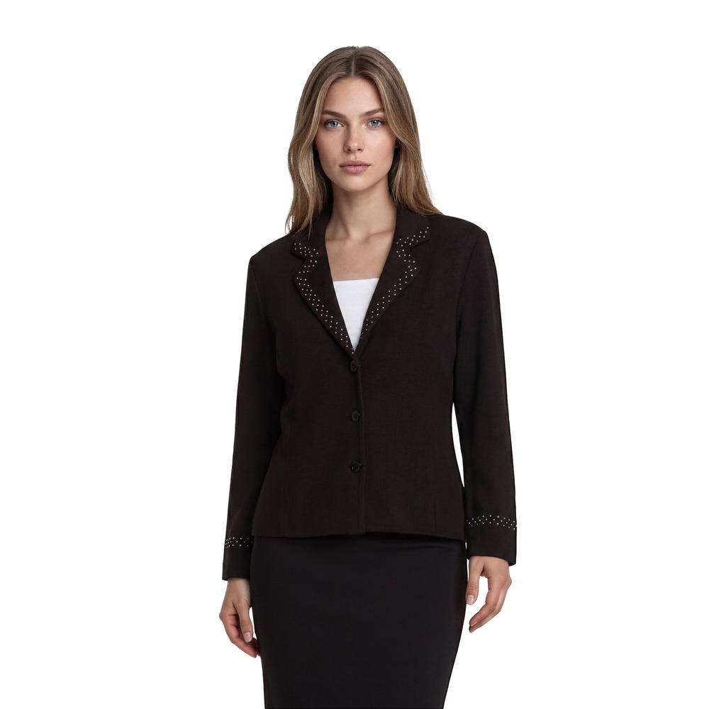 Misook Knit Blazer Jacket Women's Size Petite Large LP Polka Dot Trim Button Fnt